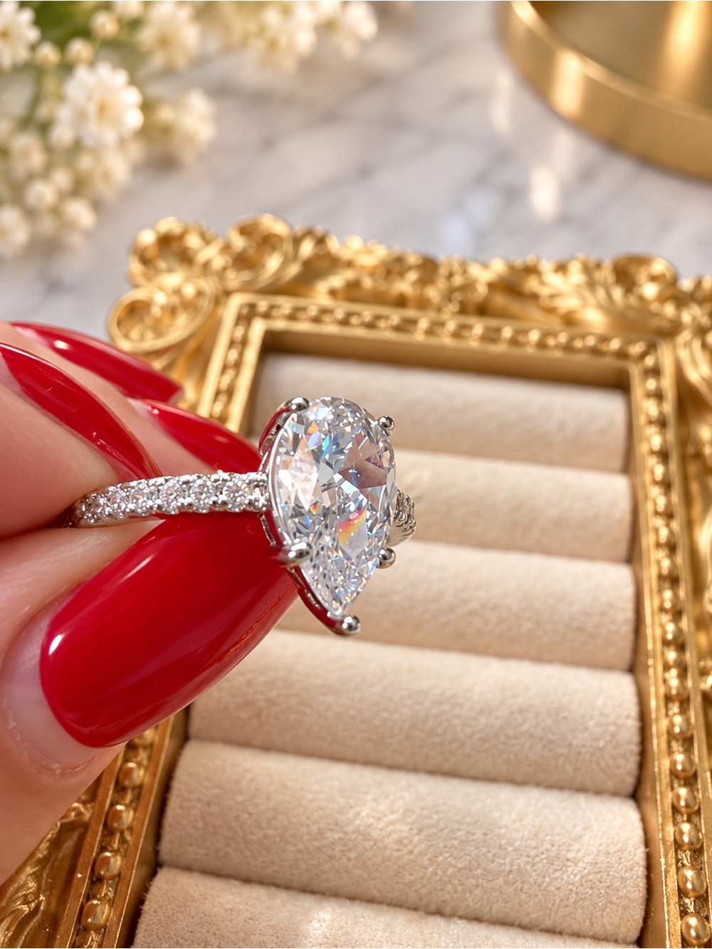silver diamond Clear Crystal engagement Statement Ring